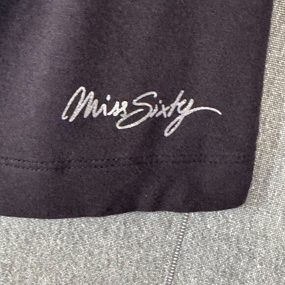 Vintage Y2K Miss Sixty Black Square Neckline Rhinestone Edged Long Fitted Top - Picture 3 of 15